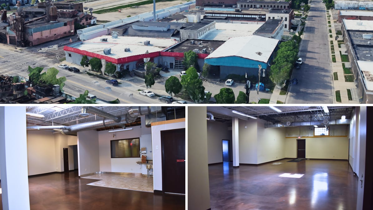 A grid of three images showing the exterior of the 2610 building, and two interior images of the kitchenette, and the open common space with an office in the back.