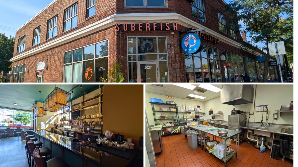 A grid of three images showing the exterior of the 2627 space, the interior bar area, and part of the kitchen.